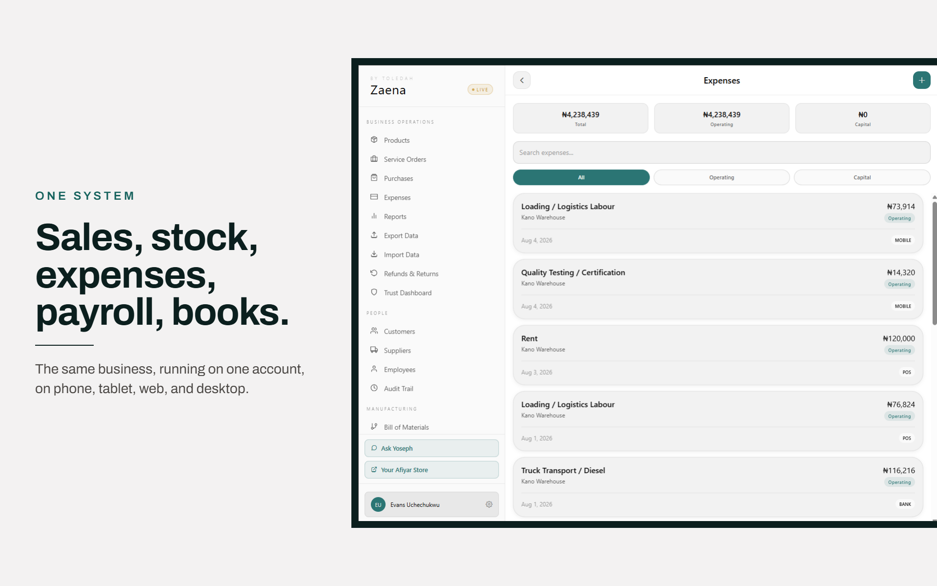 Zaena, one system for sales, stock, expenses, payroll and books, real screenshot