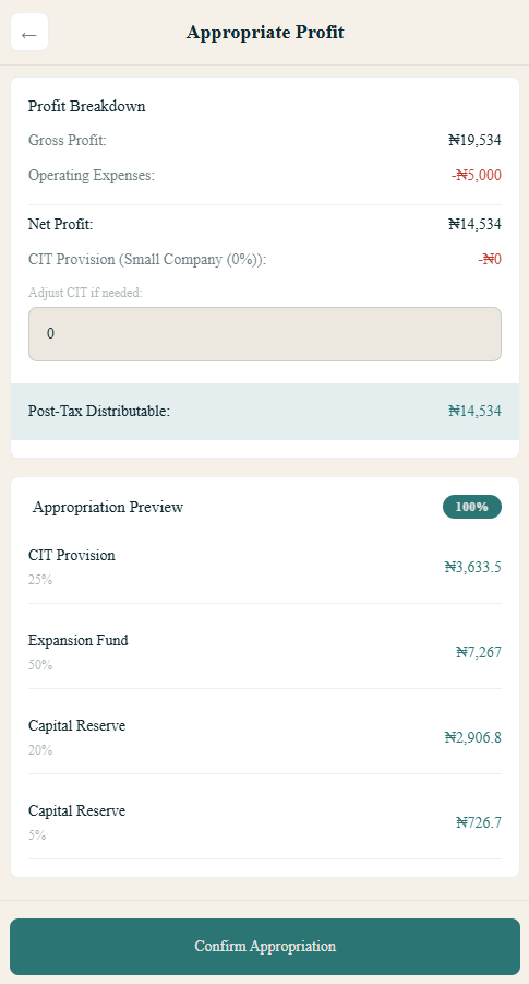 Zaena Allocate Profit screen
