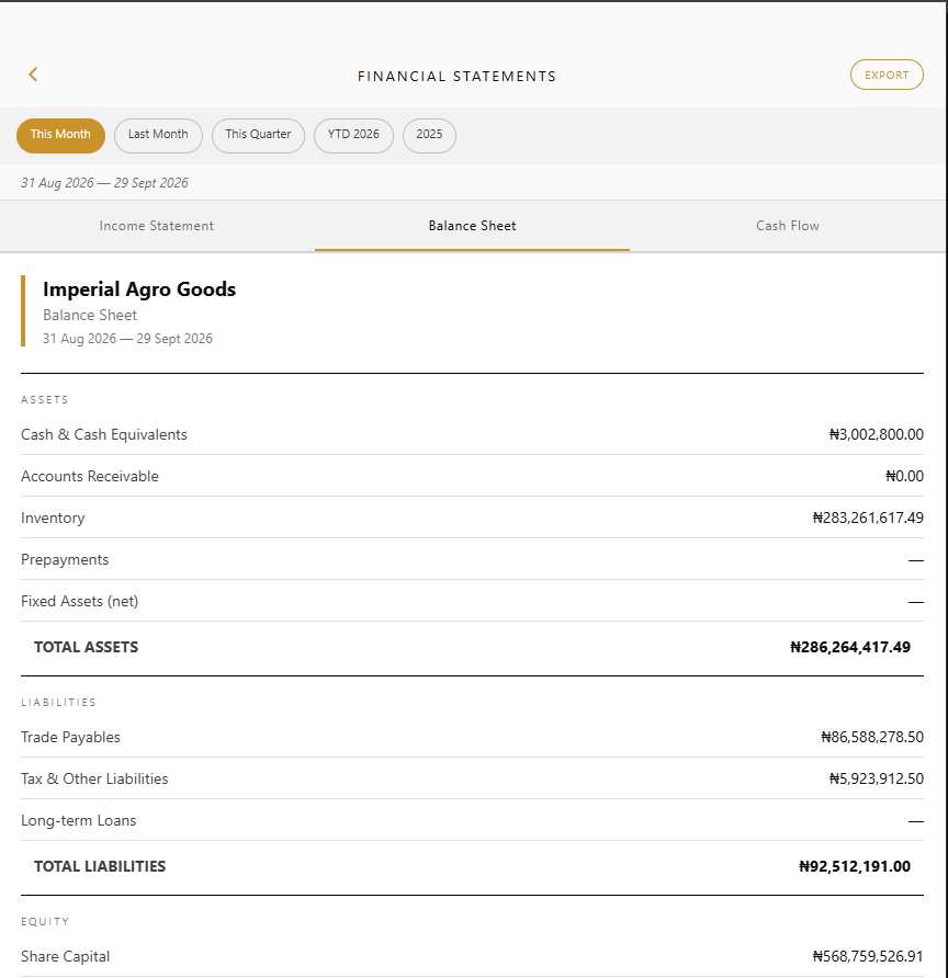 Zaena Balance Sheet screen — real screenshot