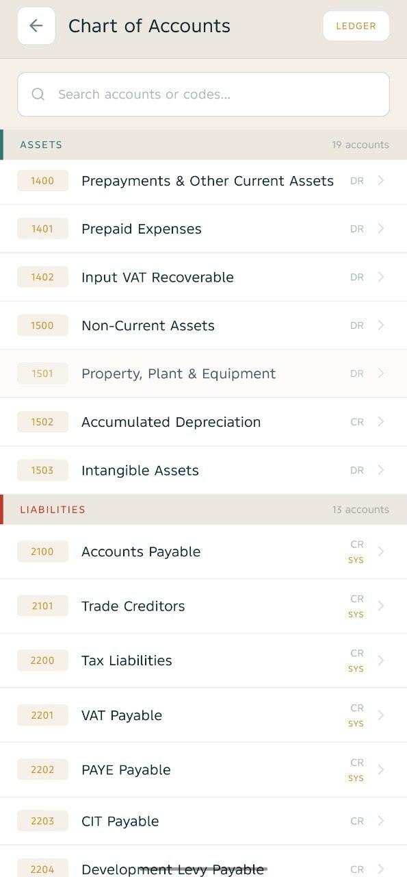 Zaena Chart of Accounts screen — real screenshot