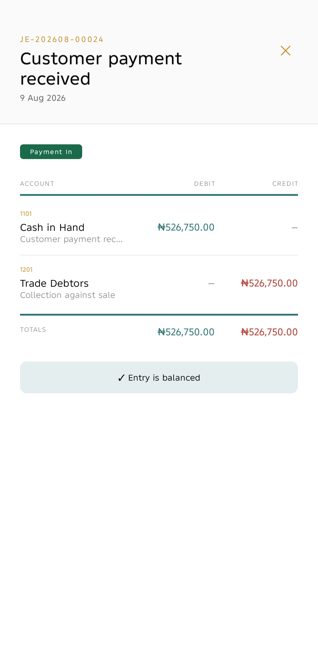 Zaena Double Entry Accounting screen — real screenshot