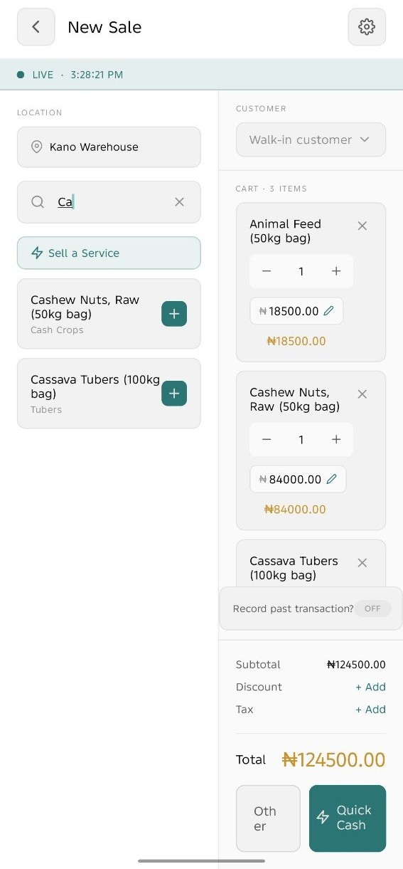 Zaena New Sale screen — real screenshot