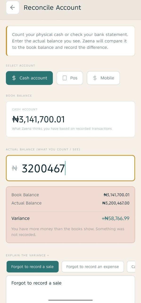 Zaena Reconcile Account screen — real screenshot