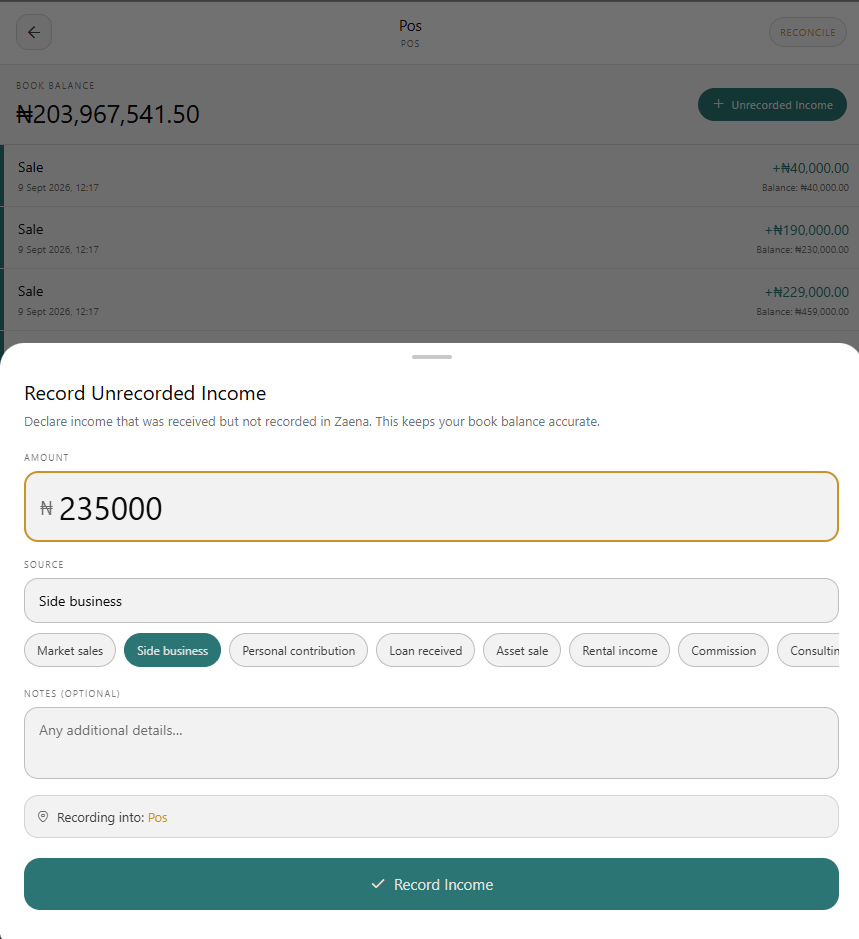 Zaena Reconcile Account screen — real screenshot