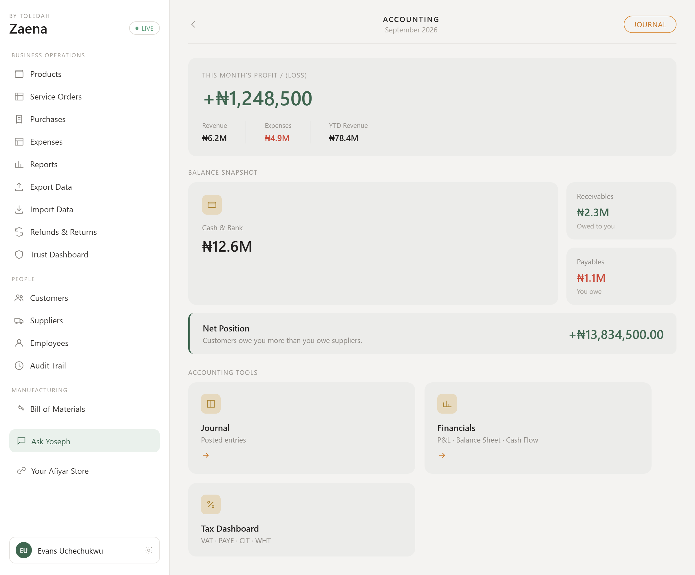 Zaena Accounting screen — real screenshot